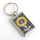 Double Sided Clan Crest Silver Effect Keyring showcasing vibrant clan crest on tartan background with sleek silver finish.