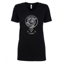 Leslie Clan Crest Ladies Outline T-Shirt in premium cotton with V-neck design for stylish and comfortable everyday wear.