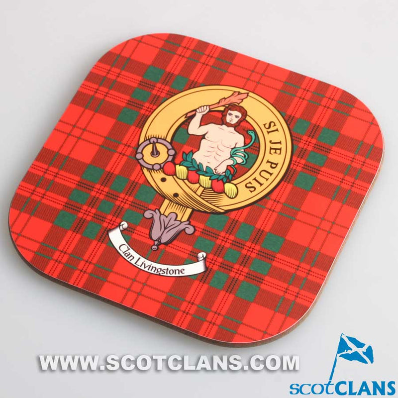 Livingstone Clan Crest and Tartan Wooden Coaster 4 Pack
