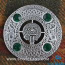 Lyon Clan Crest Pewter Plaid Brooch featuring a Celtic design and colored stones, handcrafted and made to order.