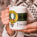 MacArthur Clan Crest and Tartan Mug showcasing the unique design and tartan pattern, perfect for displaying your clan pride.