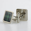 MacAulay Hunting Ancient Tartan Cufflinks in metallic finish, presented in an elegant box, showcasing the exquisite resin doming technique for a vibrant look.