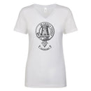 MacCallum Clan Crest Ladies Outline T-Shirt displayed on a model showcasing its stylish design and comfortable fit.