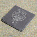 MacDonald Clan Crest Slate Coaster featuring a beautifully laser-engraved clan crest on natural slate, perfect for home decor and gatherings.