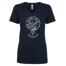 MacDonell of Keppoch Clan Crest Ladies Outline T-Shirt on a mannequin showcasing its stylish V-neck design and elegant clan crest outline.