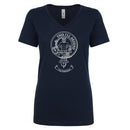 MacFarlane Clan Crest Ladies Outline T-Shirt, stylish V-neck design perfect for showing clan pride, made from 100% cotton for comfort.