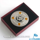 MacGillivray Clan Crest Pewter Plaid Brooch featuring a Celtic design and four colored stones, perfect for showcasing your clan pride.