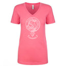 MacGillivray Clan Crest Ladies Outline T-Shirt displayed on a model in a casual setting, showcasing its comfortable V-neck design.
