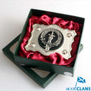 MacKay Pewter Clan Crest Buckle for Kilt Belts featuring a detailed clan crest badge on leather, perfect for traditional Scottish attire.