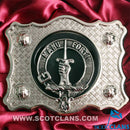 MacKay Pewter Clan Crest Buckle For Kilt Belts showcasing the detailed clan crest badge and leather pad design.