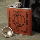 Stylish MacKay Clan Crest PU Leather Covered Hip Flask showcasing premium craftsmanship and personalized engraving, perfect for celebrations and proud heritage.