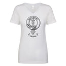 MacKay Clan Crest Ladies Outline T-Shirt showcasing the unique v-neck design and soft cotton fabric, perfect for casual wear.