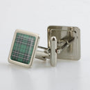MacLean Hunting Ancient Tartan Cufflinks in a metallic finish presentation box, showcasing the vibrant design. Choose Your Shape for a custom look.