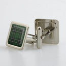 MacLean Hunting Modern Tartan Cufflinks displayed in a metallic finish presentation box, showcasing their vibrant resin doming technique and customizable shapes.