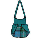 MacPhail Hunting Ancient Effie Bag showcasing intricate design in MacDonald of Clanranald Ancient tartan with an aqua top and bow.