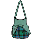 MacTaggart Ancient Effie Bag in MacDonald of Clanranald Ancient with an Aqua Top and Bow, showcasing its beautiful wool melton fabric.