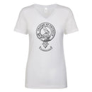 MacDonell of Glengarry Clan Crest Ladies Outline T-Shirt displayed on a friendly model, showcasing its stylish V-neck and soft cotton fabric.