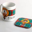 Clan Crest Mug and Coaster Set showcasing vibrant clan design and customizable tartan, perfect for celebrating Scottish heritage.