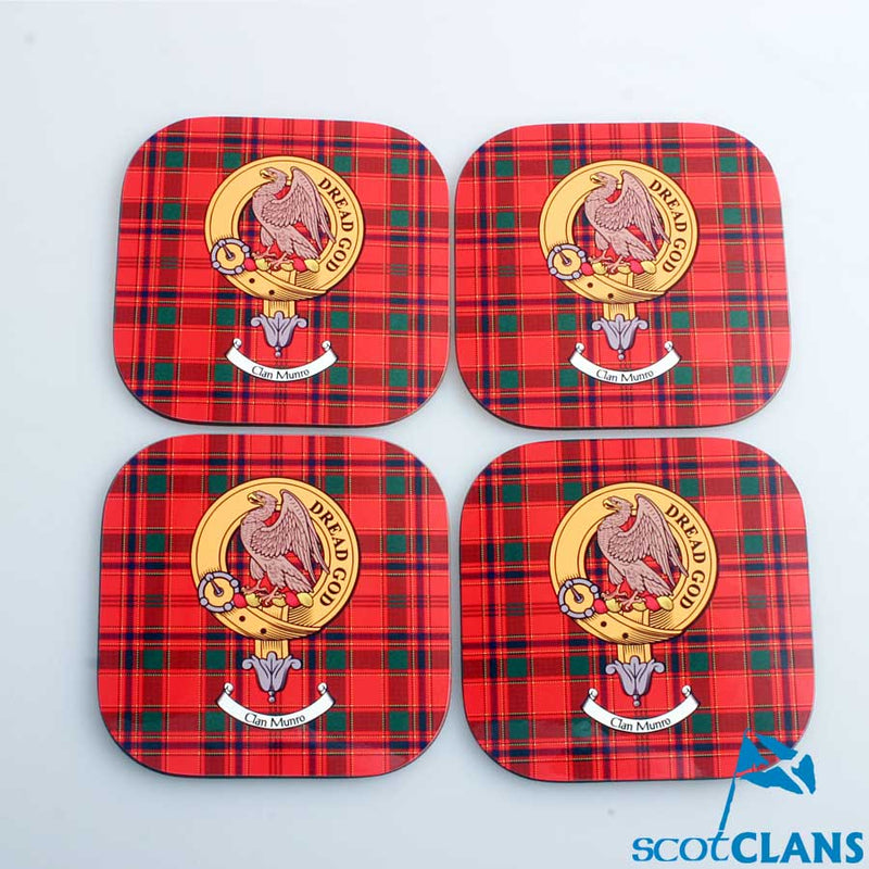 Munro Clan Crest and Tartan Wooden Coaster 4 Pack