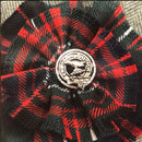 Clan Rosette with Pewter Clan Crest, a handmade Scottish accessory featuring woven tartan borders, perfect for showcasing clan pride and supporting disabled ex-servicemen.