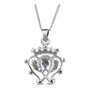 Scottish Luckenbooth Pendant with Amethyst featuring interlocking hearts and crown design, crafted from high-quality 925 Sterling Silver.