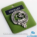 Stewart Clan Crest Badge in Pewter showcasing the traditional belted design, perfect for displaying clan pride as a cap badge or large brooch pin.
