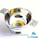 Stewart Clan Crest Quaich with Gold Trim, a traditional Scottish cup of friendship crafted from high-quality pewter, featuring a gold plated insert with Clan crest, available in two sizes