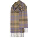 Model wearing Bowhill Standard Tartan Lambswool Scarf, styled with a winter coat for a fashionable look, embodying Scottish heritage.