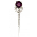 Kilt Pin - Thistle with Dark Amethyst showcasing its intricate pewter design and deep amethyst hues, perfect for adding Scottish elegance to any outfit.